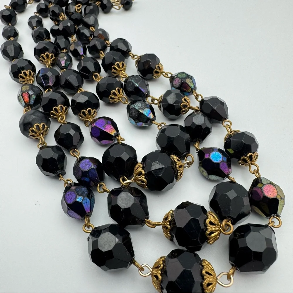Vintage West Germany Multi-Strand Black Faceted Bead Necklace | Signed
